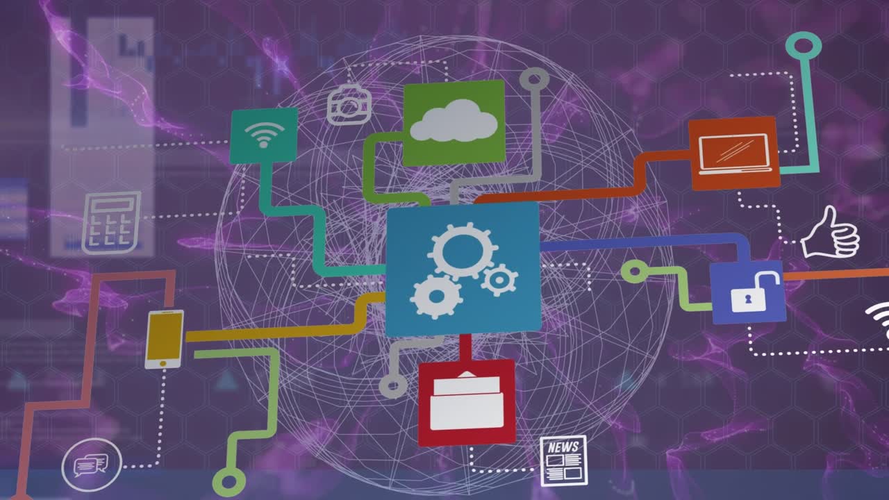 Animation of network of digital icons and spinning globe over digital waves on purple background