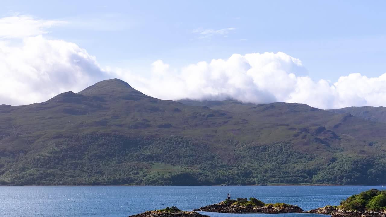 Slow horizontal pan reveals lush hills, blue lake, and clouds under bright natural daylight