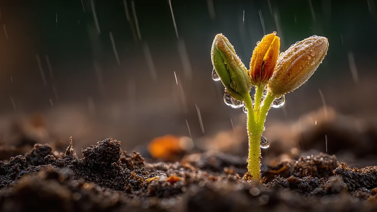 A Resilient Sprout Emerging from Moist Soil Amidst Rain: A Symbol of Growth, Life, and Nature's Renewal Captured in Breathtaking Detail