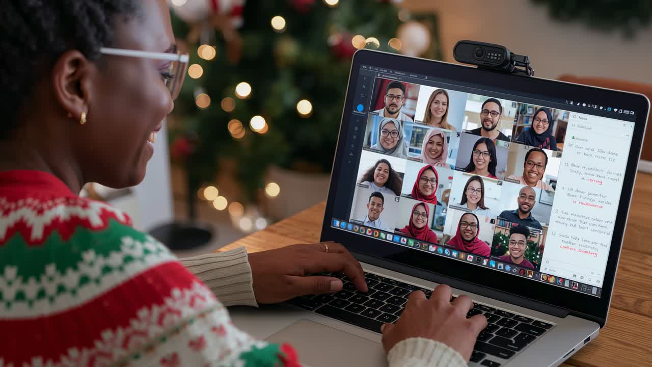Typing woman in holiday sweater responding to meeting start on laptop with webcam chat, copy space