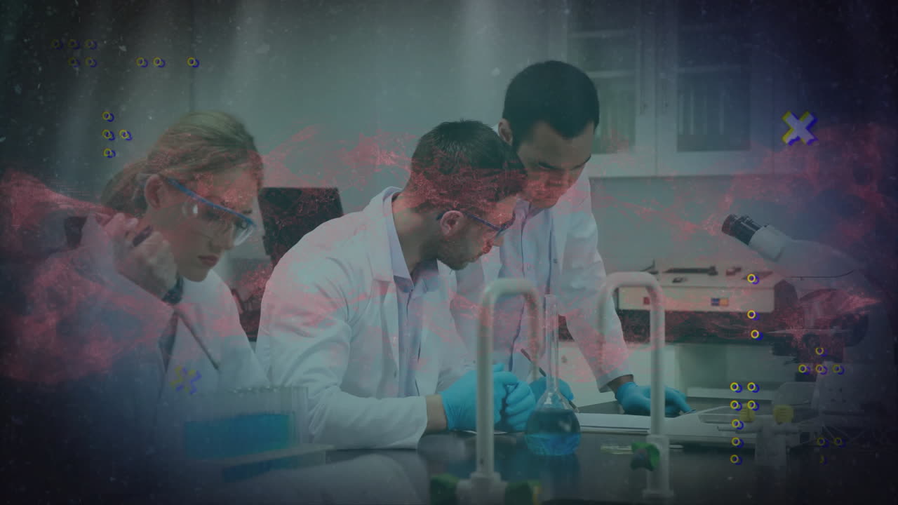 Scientists in lab coats conducting experiments with colorful data animation overlay