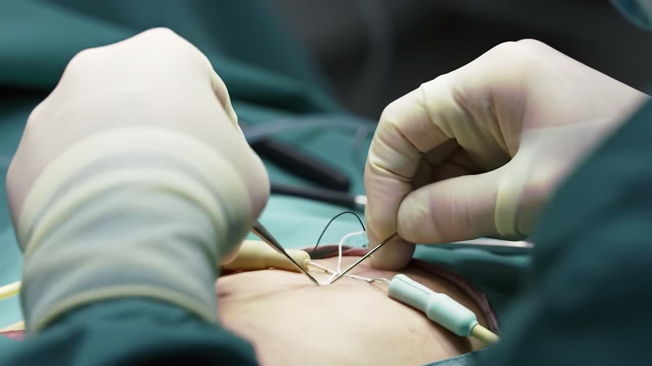 A surgeon skillfully operates on a patient in a sterile environment, showcasing precision during a complex surgical procedure. The focus is on the careful techniques and instruments used.
