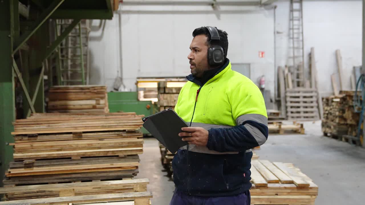 Uomo in un magazzino che ispeziona pallet con un tablet