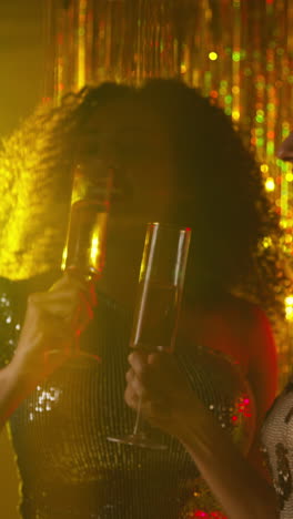 video vertical de dos mujeres bailando en un club nocturno o bar celebrando haciendo aclamaciones y bebiendo alcohol con luces brillantes