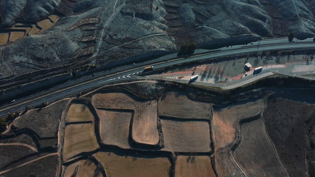 Aerial View of Highway and Terraced Fields