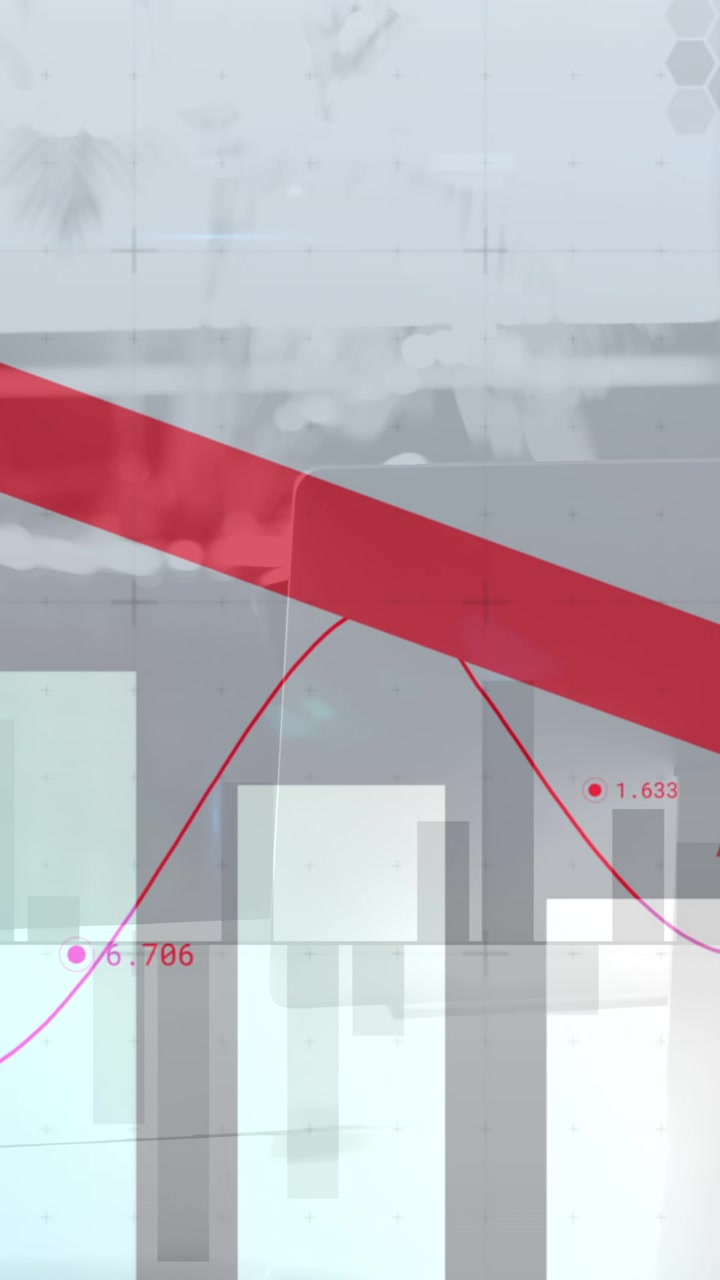 Animazione di elaborazione dati finanziari con grafico su ufficio vuoto
