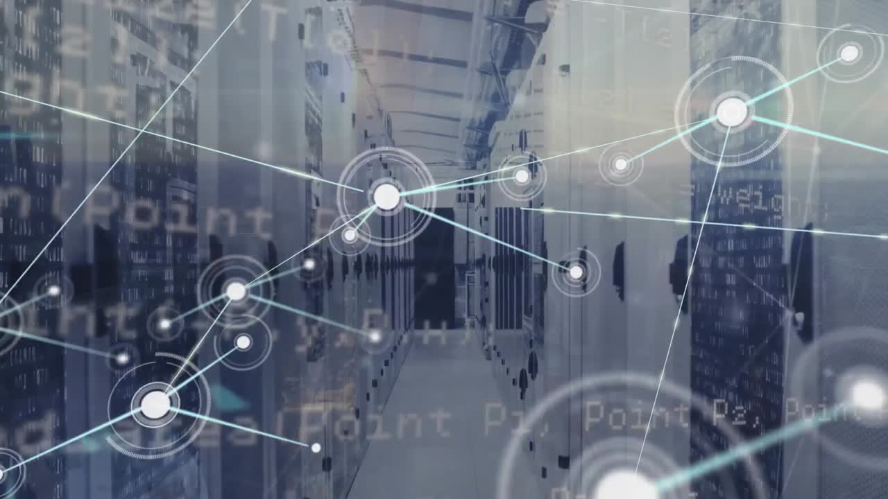 animación de la red de conexiones con iconos y procesamiento de datos a través de servidores informáticos