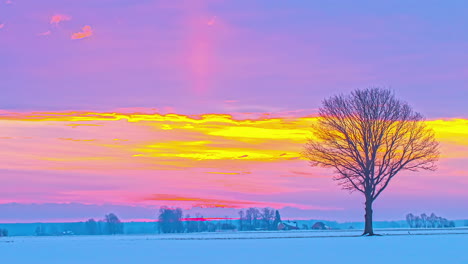 a lone tree in the countryside at winter with a golden sunset and cloudscape on the horizon - time lapse