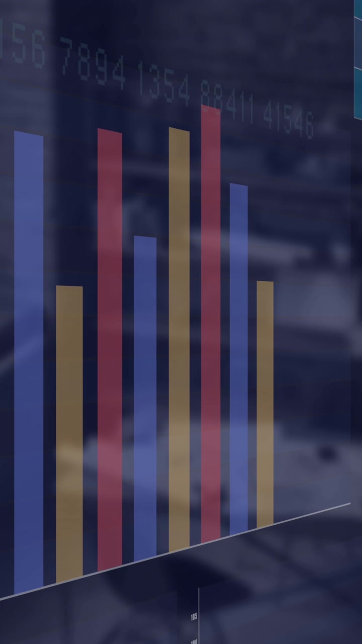 Animazione di interfaccia con elaborazione dati statistici su ufficio vuoto.