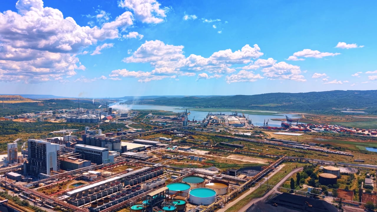 Vista aérea panorámica de una planta química bajo un cielo azul. Una perspectiva elevada muestra el complejo industrial, depósitos de agua circulares, nubes, colinas distantes y una bahía