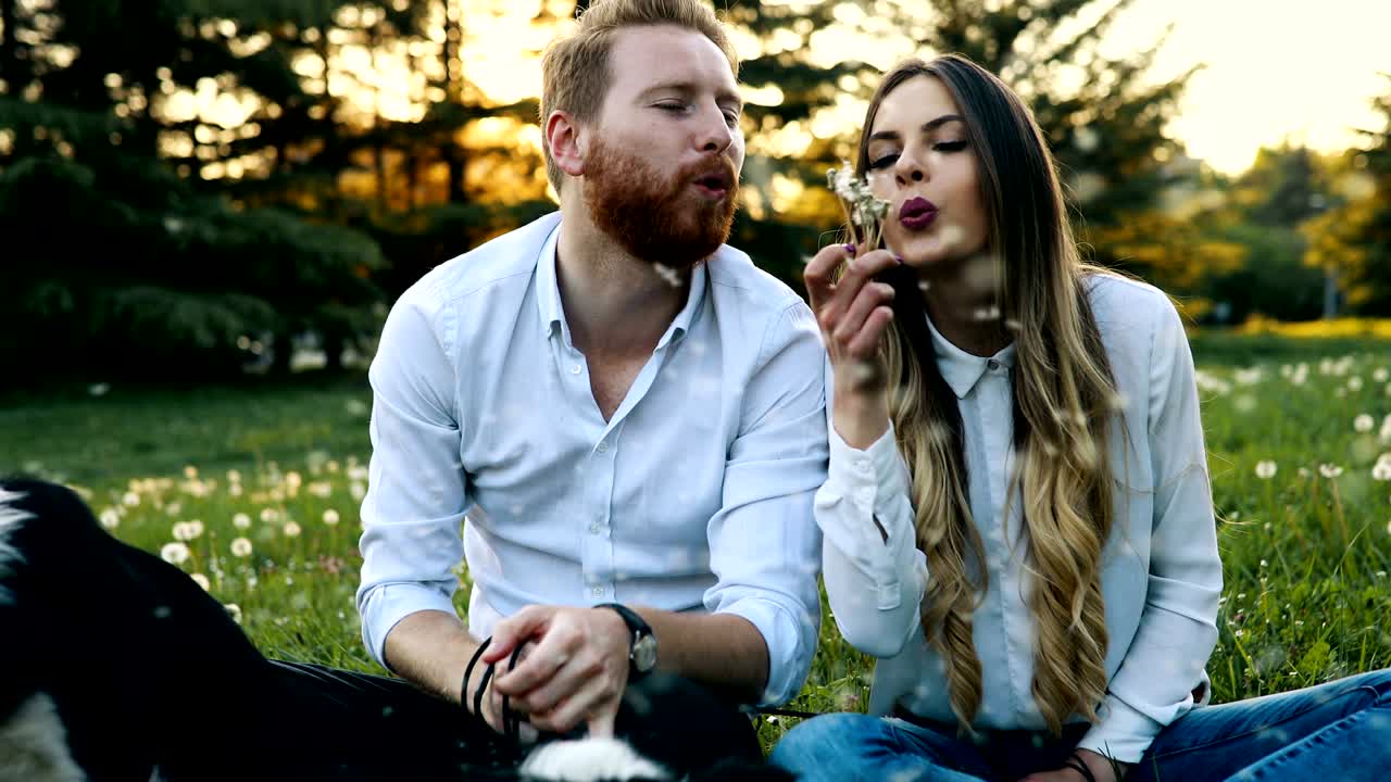 사랑에 빠진 만적인 커플이 자연 속에서 개를 산책시키고 미소 짓고 있습니다.