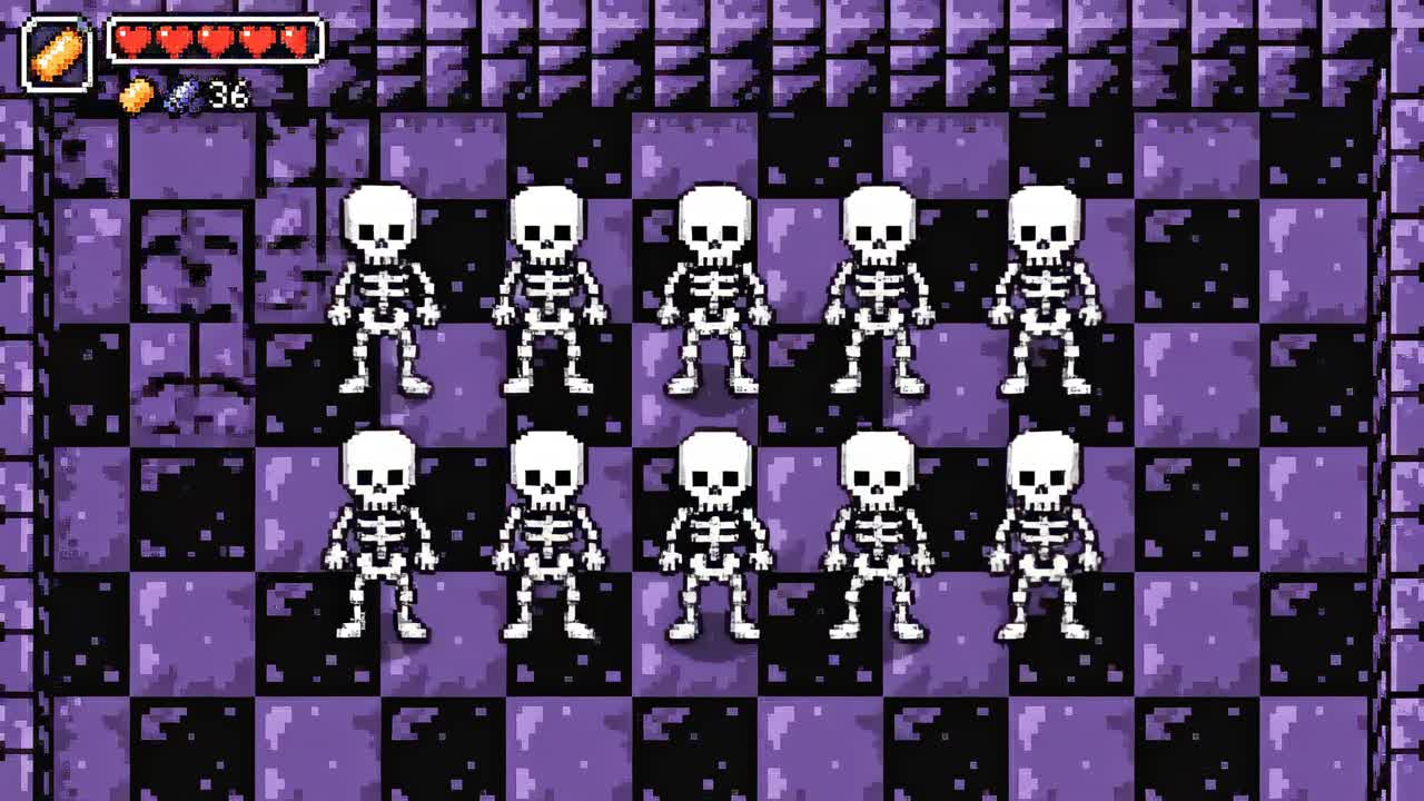 Top-down video game style with pixelated skeletons on a purple checkered floor