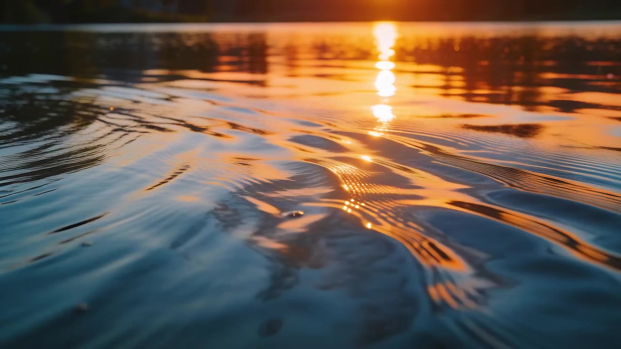 Shimmering water surface reflecting sun and reacting to breeze at lake, showing ripples and trees