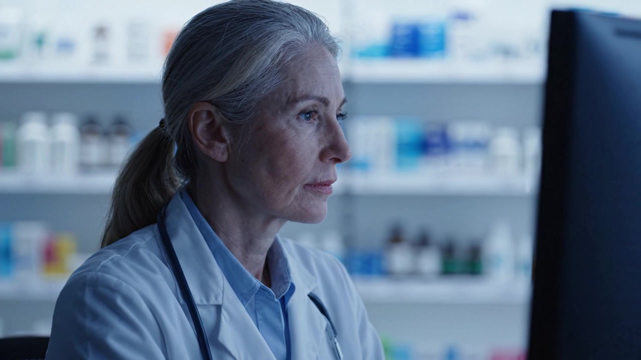 Professionista sanitario concentrato che analizza dati su uno schermo di computer in un ambiente di farmacia ben fornito, ricco di medicinali e materiale sanitario