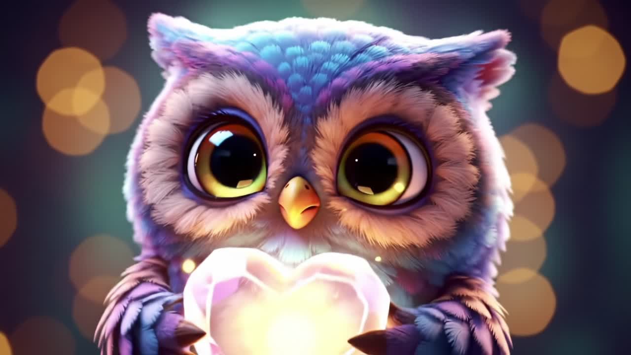 A Cute Animated Owl with Enormous Eyes Holding a Heart-Shaped Gem, Set Against a Dreamy Bokeh Background, Radiating Charm and Whimsy Through Its Bright Colors