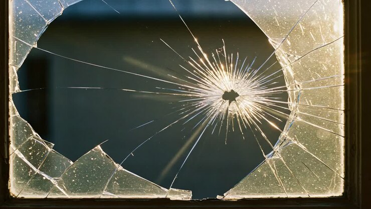 Capturing the Shattered Beauty: A Close-Up View of a Broken Window, Highlighting the Intricate Patterns of Glass Fragmentation and the Play of Light