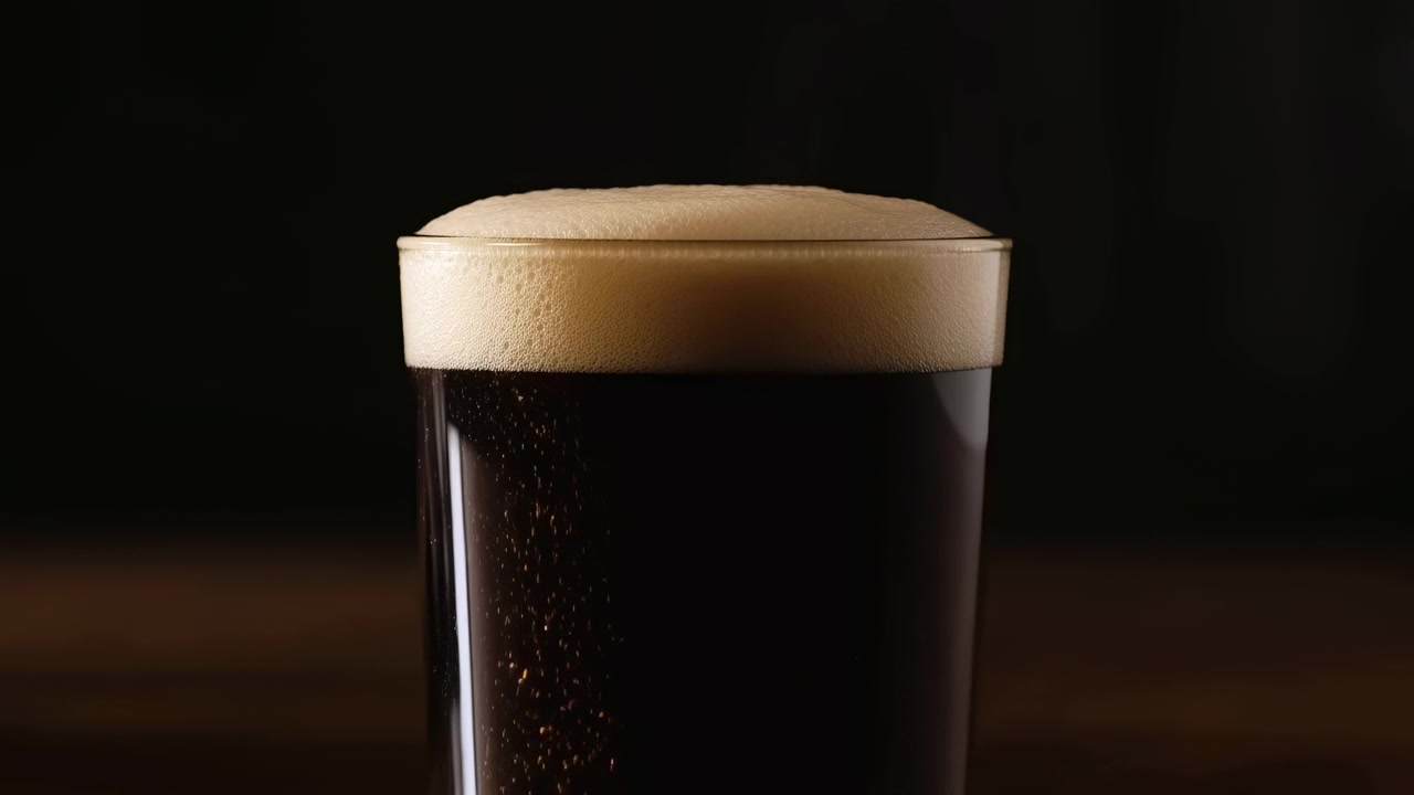 Primo piano centrato di un bicchiere di birra scura sormontato da una spessa schiuma cremosa, delicatamente illuminato su uno sfondo scuro sfocato.