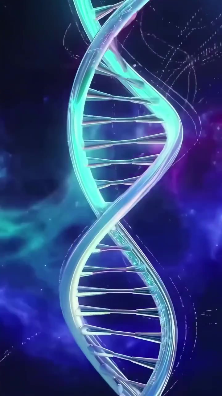 Doppia elica del DNA luminosa che ruota su uno sfondo di nebulosa