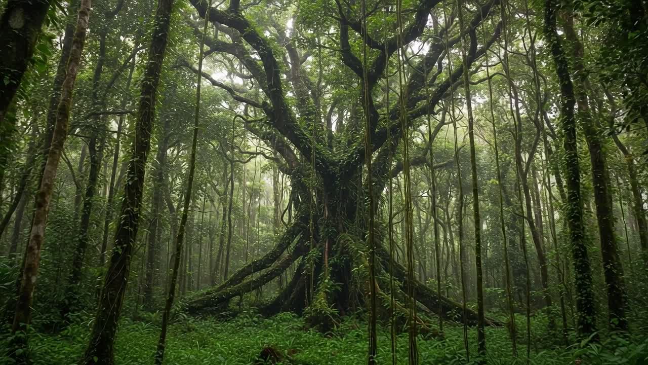 Majestic Ancient Tree Standing Proudly in Lush Green Forest, Surrounded by Verdant Foliage and a Mystical Atmosphere, Capturing the Essence of Nature's Splendor