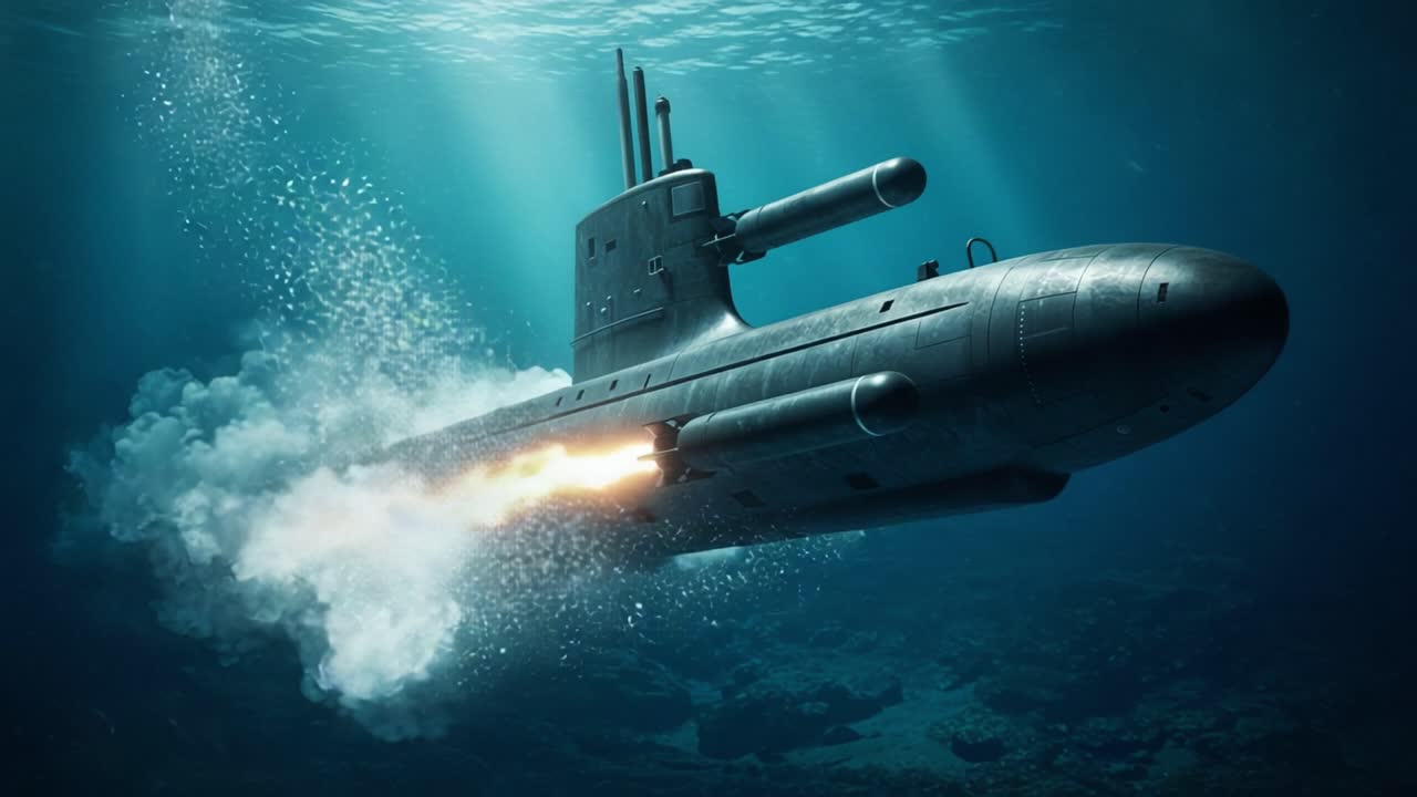 An Advanced Submarine Propelling Through Deep Waters, Engaging in Tactical Maneuvers While Demonstrating Its Enhanced Features and Underwater Capabilities