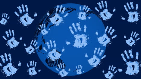 animation of handprints and globe on blue background