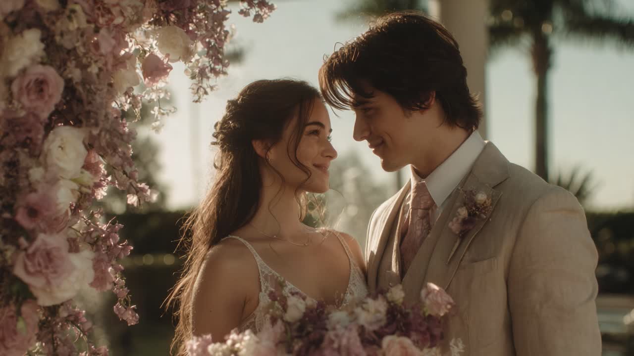 Captivating Moment of Love: Bride and Groom Radiate Happiness Surrounded by Beautiful Floral Decorations, Capturing Their Cherished Connection in an Enchanting Setting