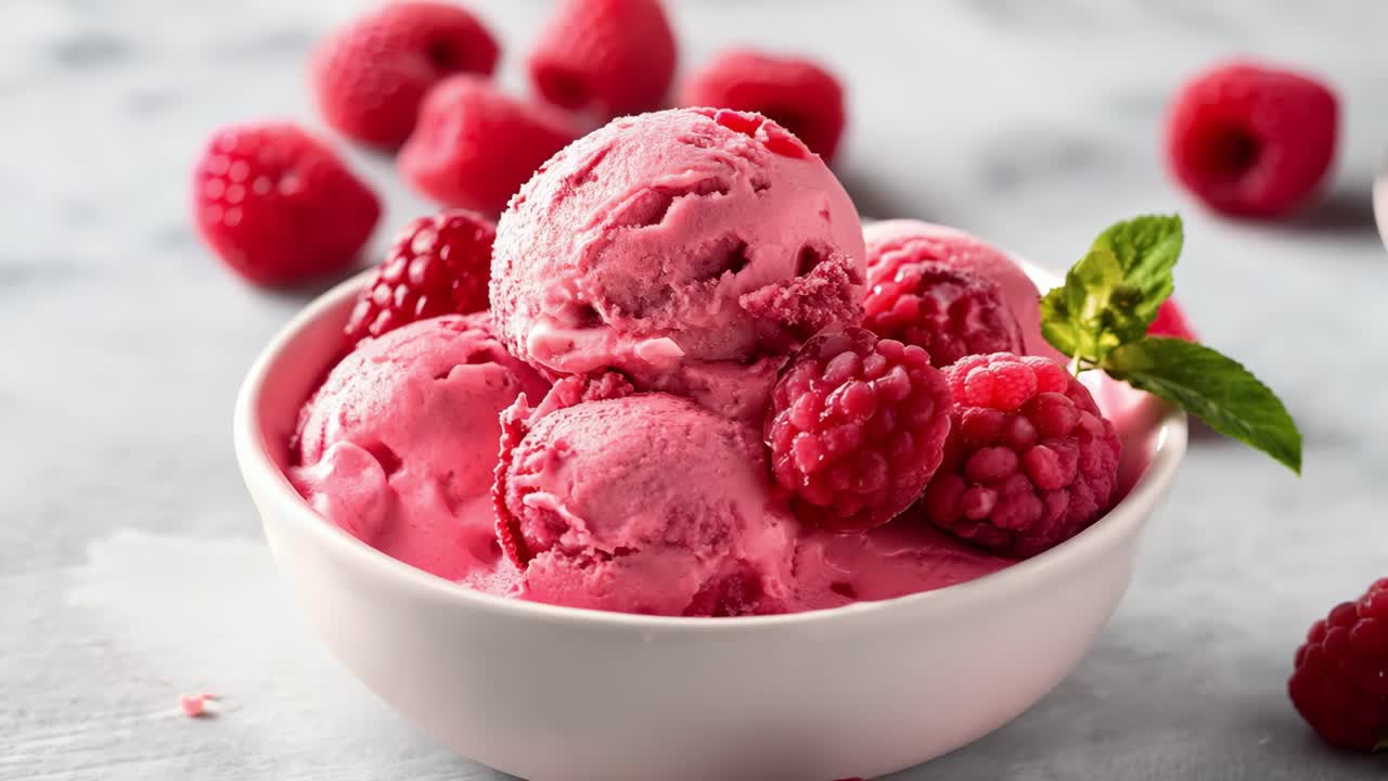 Raspberry ice cream scoops garnished with fresh raspberries and mint leaves, served in a white bowl on a marble table, create a refreshing summer dessert