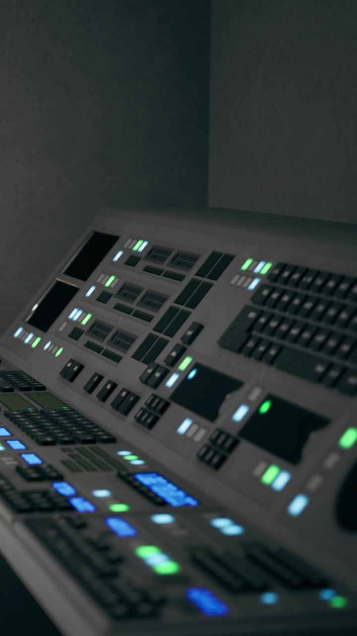 Control panel with buttons and lights in a dark room for a modern operation