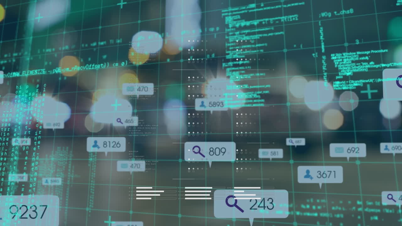 Animation of data processing and media icons over road
