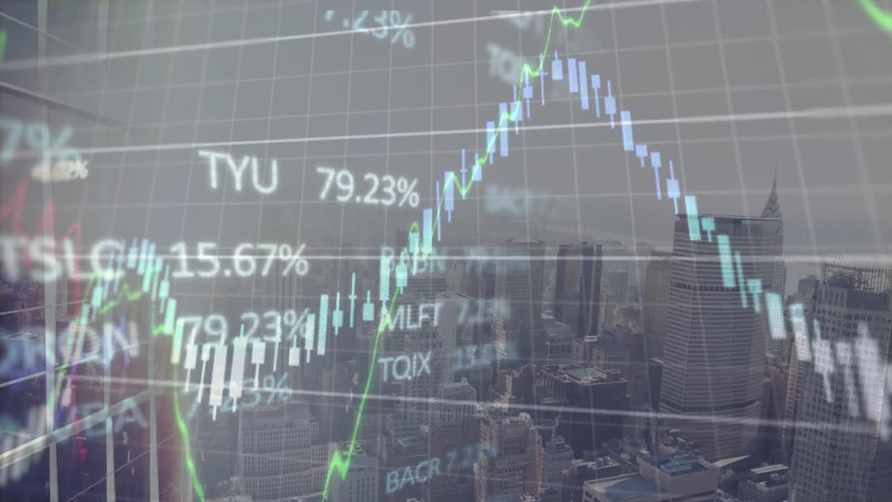 animación del procesamiento de datos financieros y bursátiles frente a una vista aérea del paisaje urbano