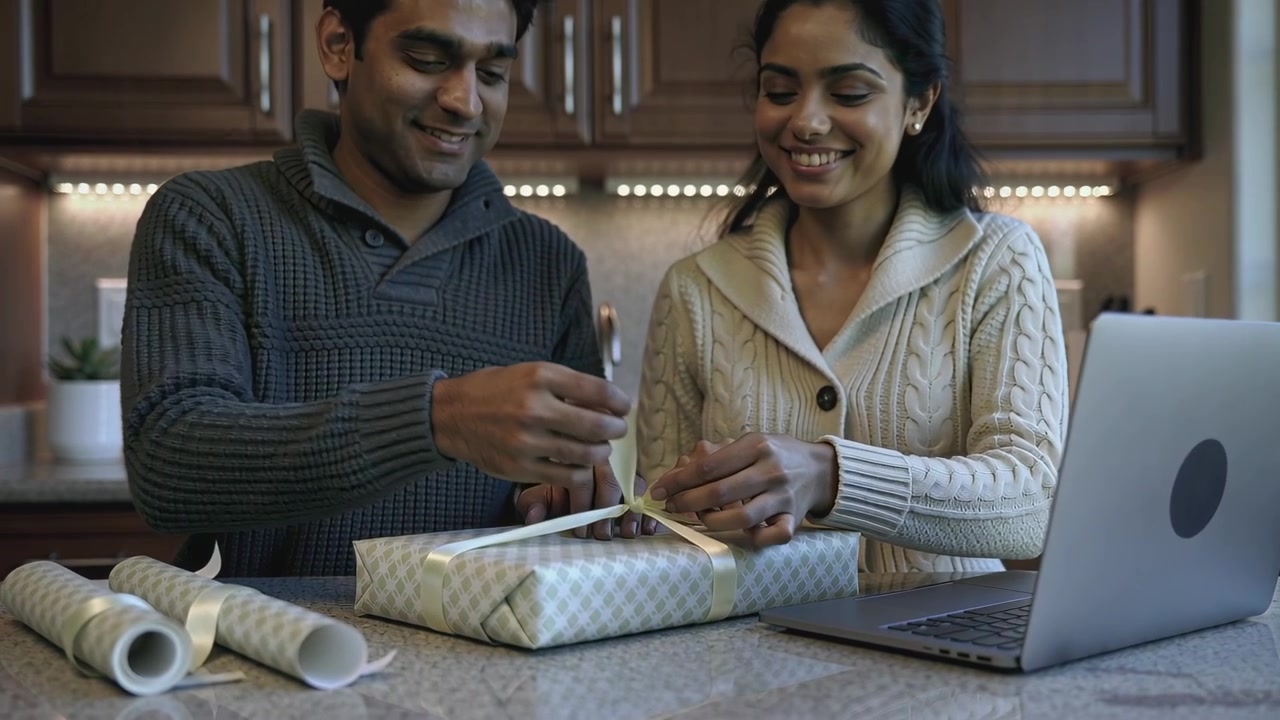 Placing box, couple in knit sweaters tying yellow ribbon at home counter by laptop preparing gift