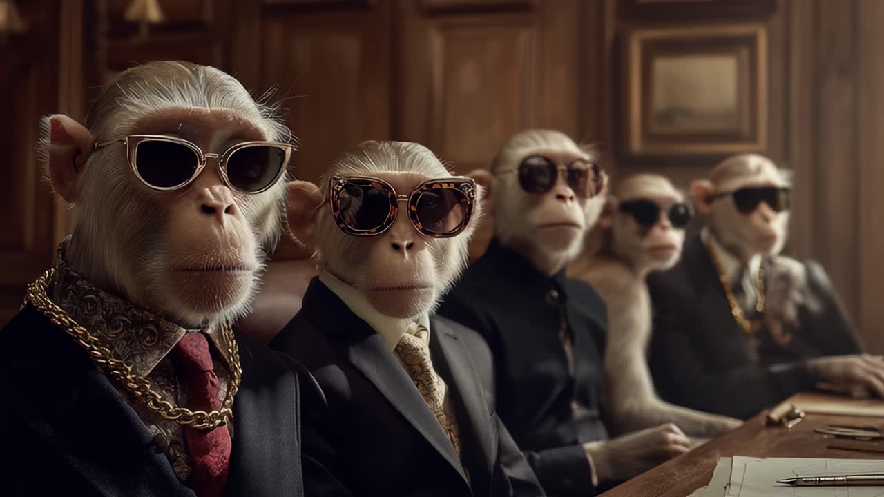 A Group of Dapper Monkeys Wearing Sunglasses and Suits Seated at a Conference Table, Exuding a Business Aesthetic and Engaged in Serious Discussion with Paperwork Present
