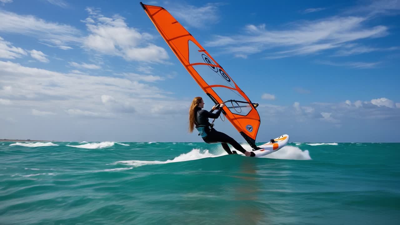 An Enthusiastic Windsurfer Perfecting Her Skills in Turquoise Waters Under a Bright Blue Sky with Gentle Waves and Dynamic Wind Conditions