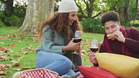 video de una pareja biracial teniendo un picnic en el jardín