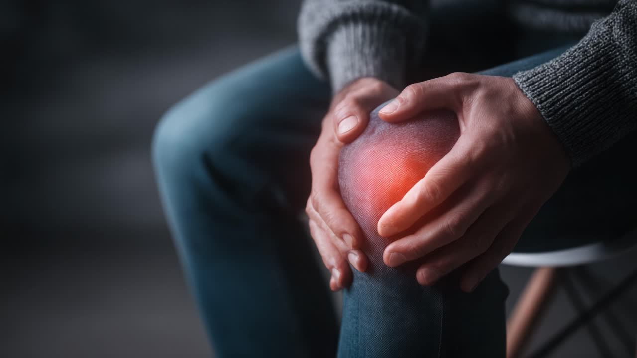 Individual Holding Knee in Pain: A Depiction of Discomfort and Seeking Relief from Joint Issues or Injury in a Dimly Lit Environment