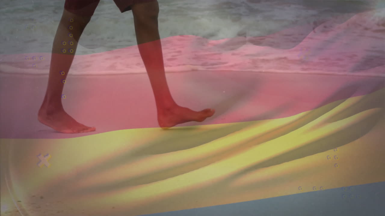 Walking on colorful beach, person with ocean waves creating peaceful animation