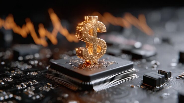 Un simbolo del dollaro scintillante circondato da circuiti digitali e onde di dati, che rappresenta l'innovazione della tecnologia finanziaria e le tendenze di investimento nel mondo moderno