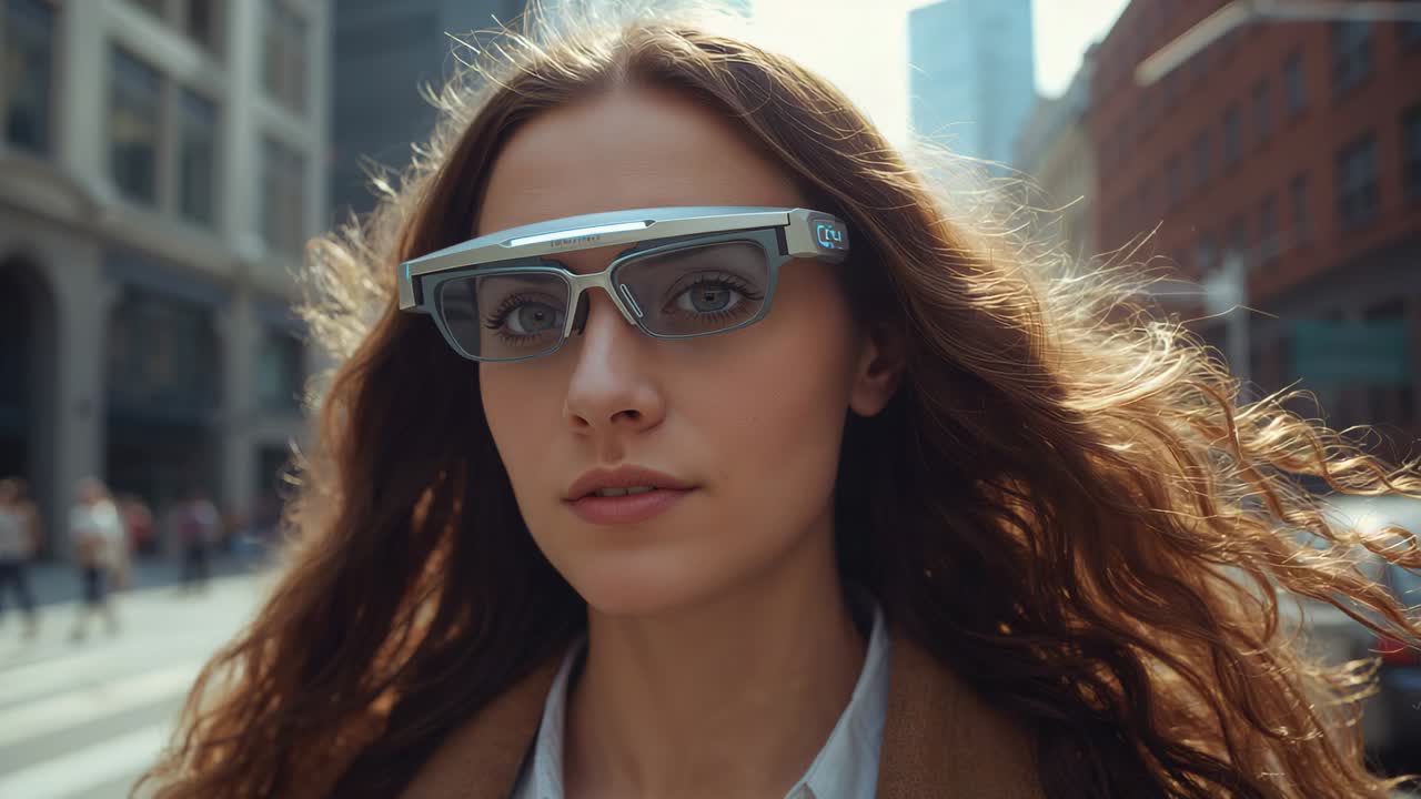Walking woman commuting toward lens on city street, frame closing, wearing overcoat and AR glasses