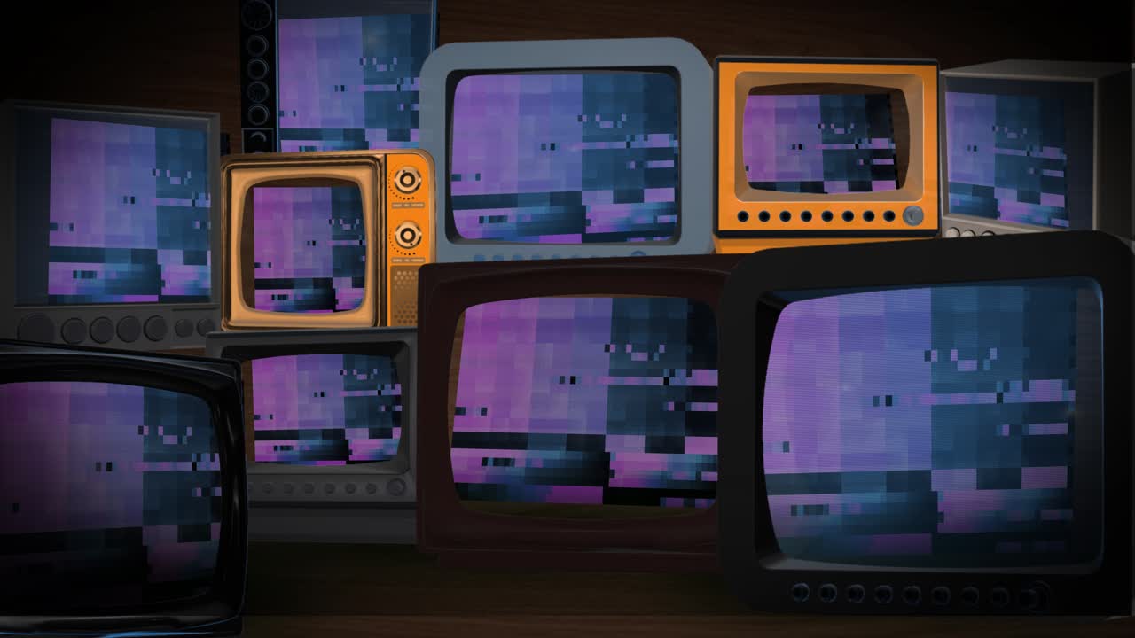 3d loop animation of televisions with no signal and blank green screen monitor move in and out shot