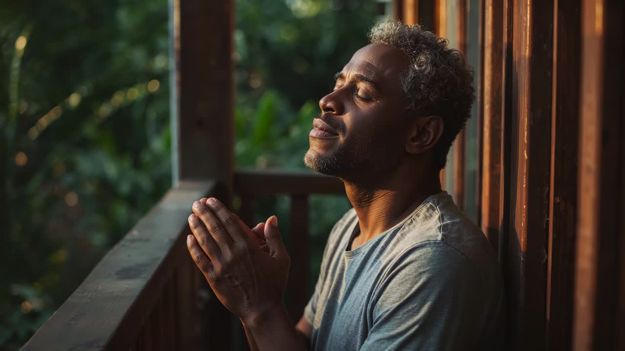 Leaning man in grey tee lifting chin with sunlight falling, praying on wooden balcony, copy space
