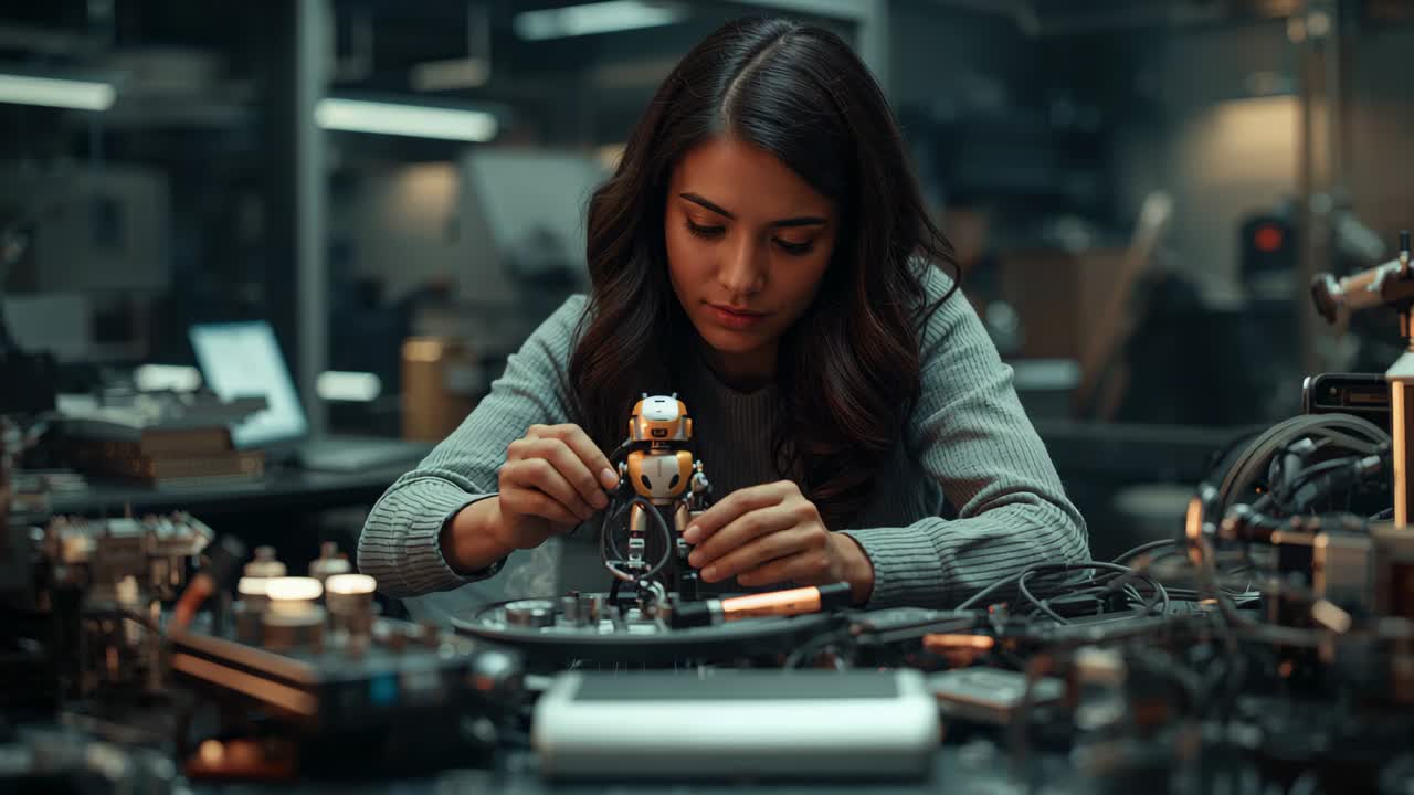 Leaning woman in grey sweater inspecting and assembling orange robot at lab bench, finishing repair
