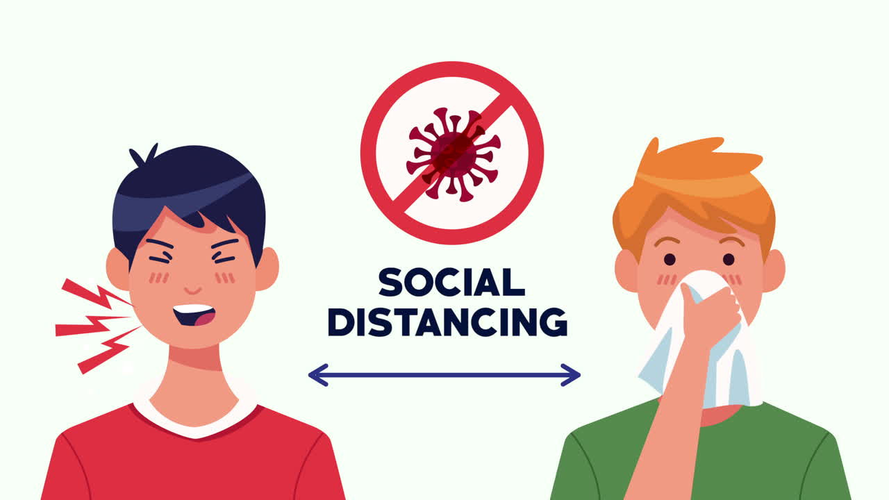 남성 캐릭터와 함께 사회적 거리 두기 캠페인