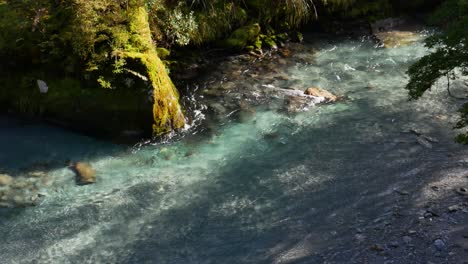 top down shot of crystal clear mountain water flowing downhill during sunny day in rainforest