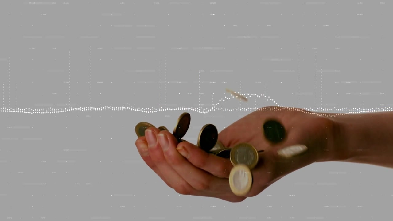 Mano destra femminile che riceve monete che cadono dall'alto, visualizzando il flusso finanziario con una forma d'onda puntinata.