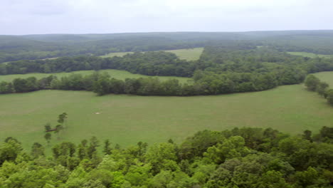 Pan-of-countryside-in-southern-Missouri-with-lodge-amongst-trees