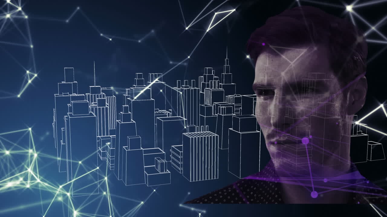 Man over network of connections against 3D city model spinning
