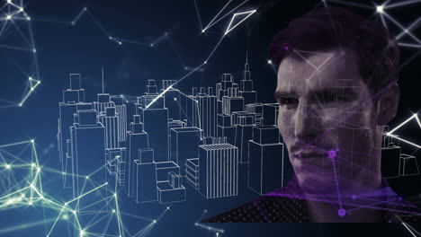 hombre sobre la red de conexiones contra el modelo de ciudad 3d girando