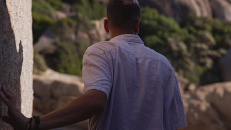 nature, hiking and back of man on mountain