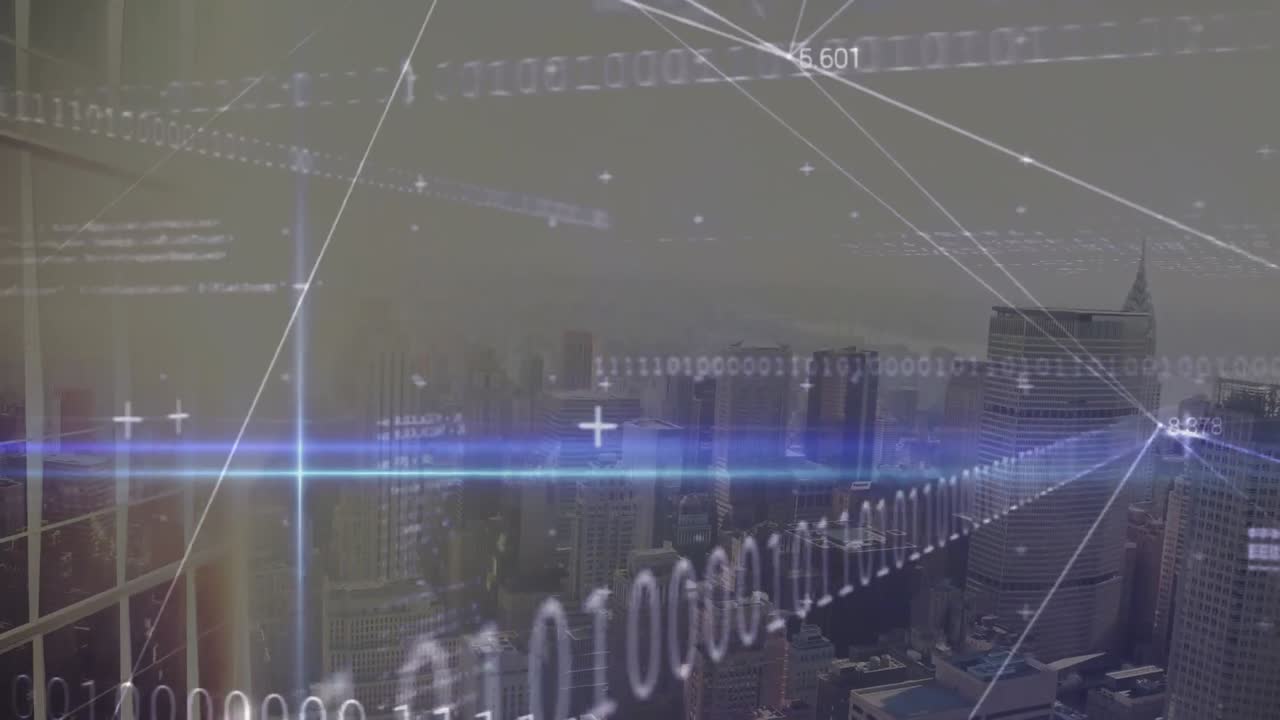 도시 풍경 위의 데이터 처리 애니메이션