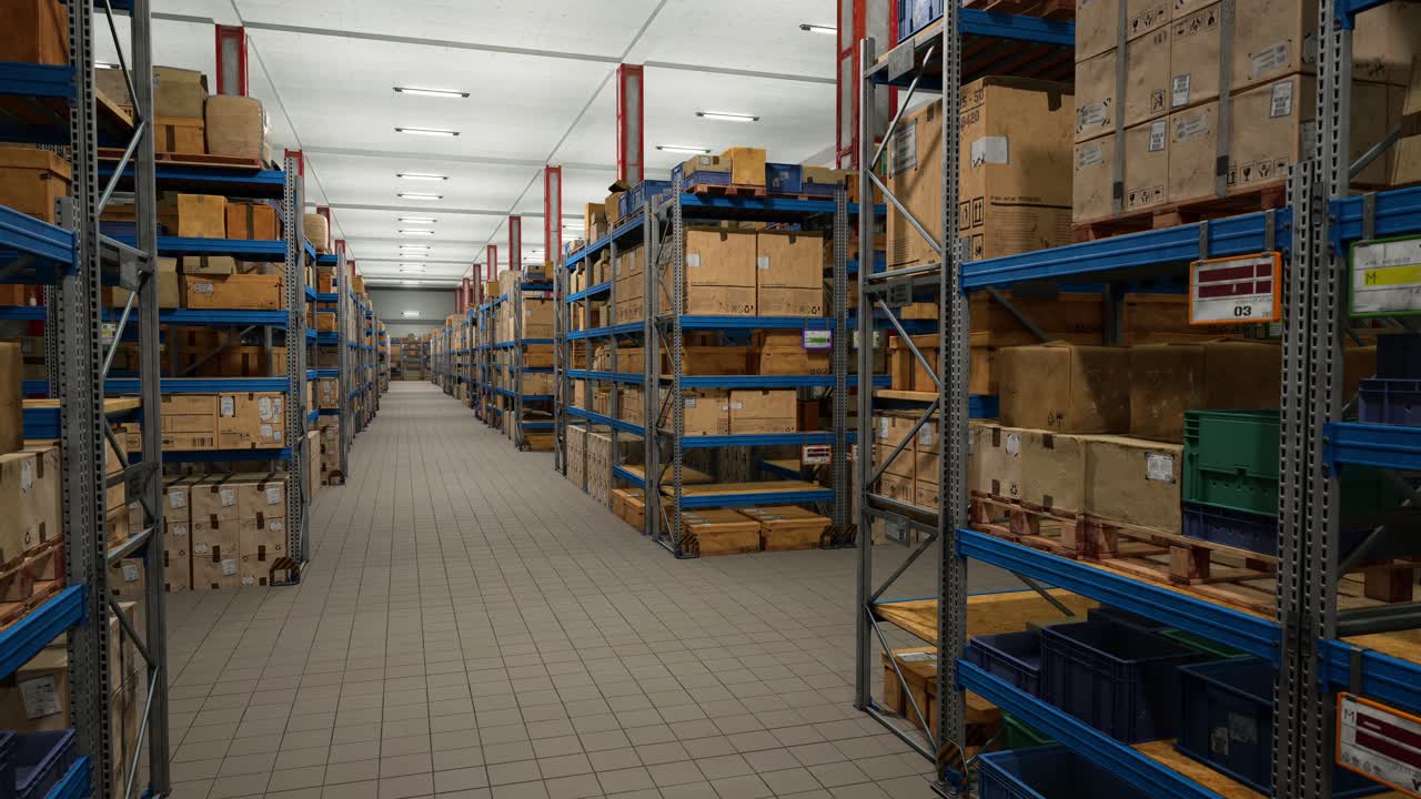 Industrial Warehouse Filled With Storage Boxes Labeled For Shipment, Distribution Center Storing Cargo For Import Export Industry